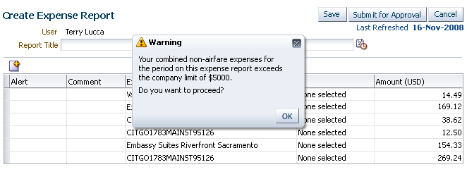 A custom warning message dialog over a field in a table.