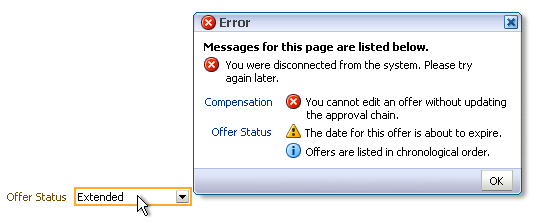 a Message List dialog with multiple messages associated with the form field.