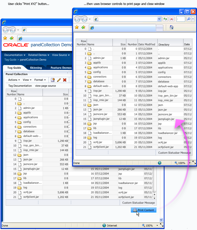 Print Object Example, in which clicking the 'Print Content' button on a page opens the object  information in an external window for printing. 