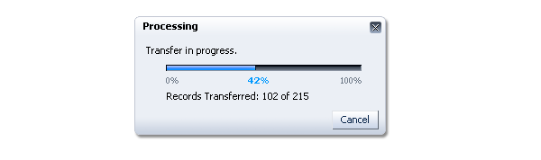 A Determinate Processing Dialog showing a process is 42% completed, with detailed message text indicating a transfer is in process and providing a specific status: that 102 of 215 records have been transferred.