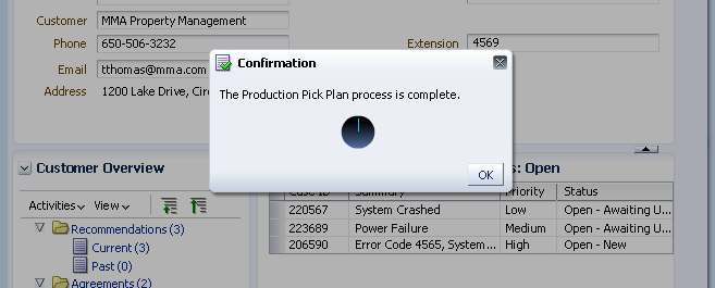 Indeterminate Processing Dialog whose progress meter displays the 'completed' state, and the dialog text confirms it with a message that the process is complete.