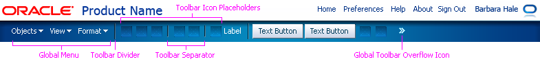 A page-level toolbar in a global control panel, which contains the global menu, toolbar dividers, text buttons, and a global toolbar overflow icon.