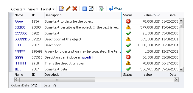 A table (component) toolbar with table menu bar