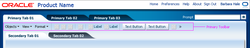 A page-level toolbar in primary control panel, which contains a global menu, iconic buttons, and text buttons 