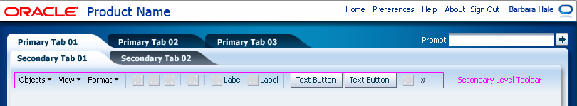 A page-level toolbar in a secondary control panel