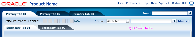 Quick search toolbar in primary control panel