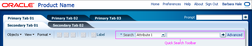 Quick search toolbar in secondary control panel (within a page-level toolbar)