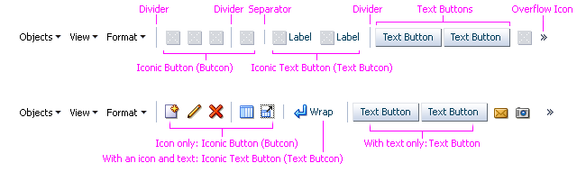 Button formats illustrated: the icon button, iconic text button, and a text button.