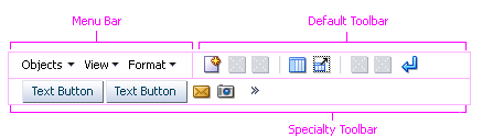 Stacking toolbars: a menu bar and a default toolbar, with a specialty toolbar beneath the menu bar.